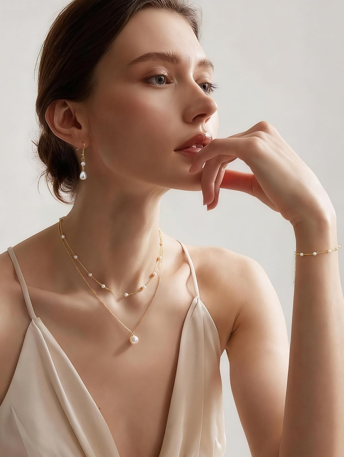 YADOCA Gold Jewelry Set for Women – 16K Gold Plated Pearl Necklace and Earring Set With Drop Earrings,Charm Layered Necklace,Adjustable Bracelets – Dainty Womens Pearl Jewelry Set For Wedding Gifts