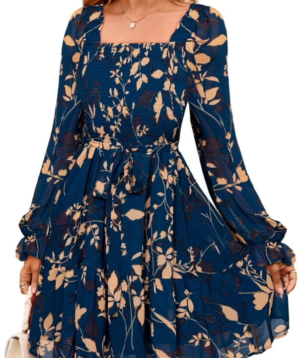 Simplee Womens Floral Long Sleeve Mini Dress Boho Square Neck Smocked A-Line Flowy Short Wedding Guest Dresses