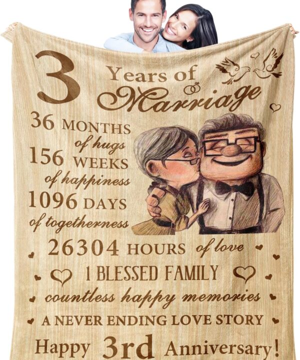 Neuturs 3 Year Anniversary Wedding Gifts for Him, Leather Anniversary Ideas Gift for Him Her, 3rd Anniversary Blanket Gifts for Husband Couple Wife, 3 Years of Marriage Decorations Blanket 60"X50"