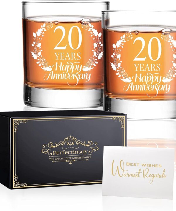 Perfectinsoy 20 Years Happy Anniversary Whiskey Glass Gift Set, 20th Anniversary Wedding Gift For Mom, Dad, Grandparents, Soulmate, Couple, 20 Years Gifts, Happy 20th Anniversary Birthday