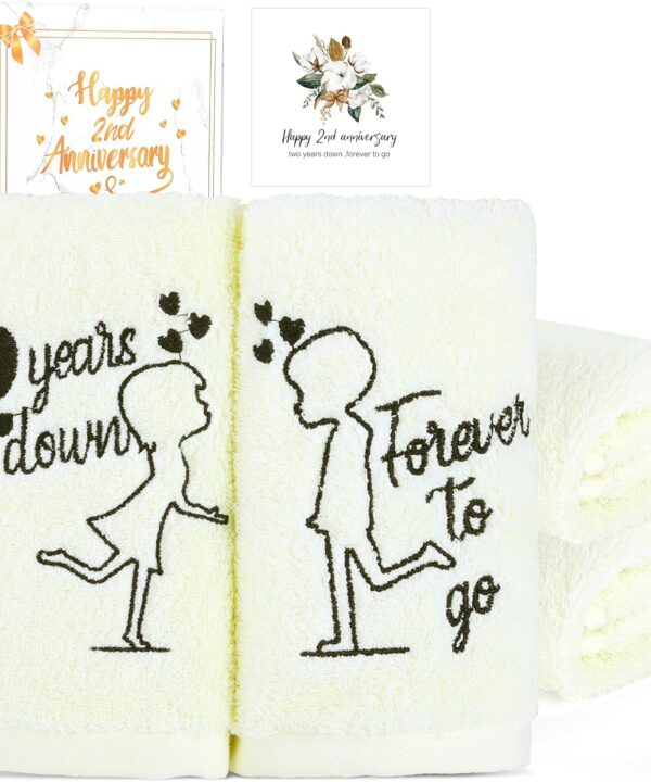 2nd Anniversary Cotton Gift, 2 Pack Premium 100% Cotton Towel Set with 2 Years Anniversary Card, Romantic Gifts Anniversary Marriage Gifts for Him Her Husband Wife Couple Gift
