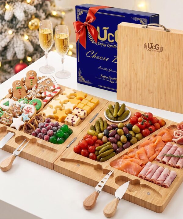 Charcuterie Board Gifts for Women: Bamboo Folding Cheese Board with Knife Set - Unique White Elephant Gift, Christmas Birthday Party House Warming Gift for Mom Wife Girlfriend