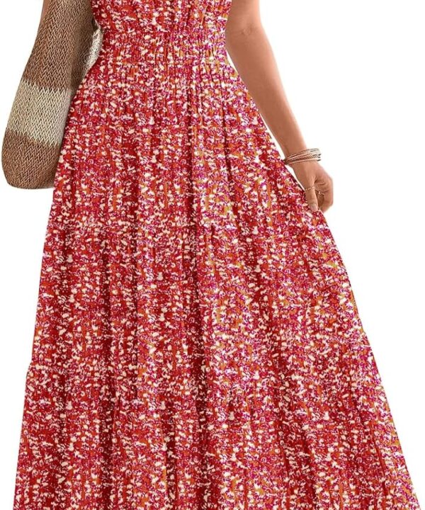 BTFBM Womens Summer Floral Maxi Dresses V Neck Short Sleeve Boho Casual Flowy Long Wedding Guest Dress Beach Vacation