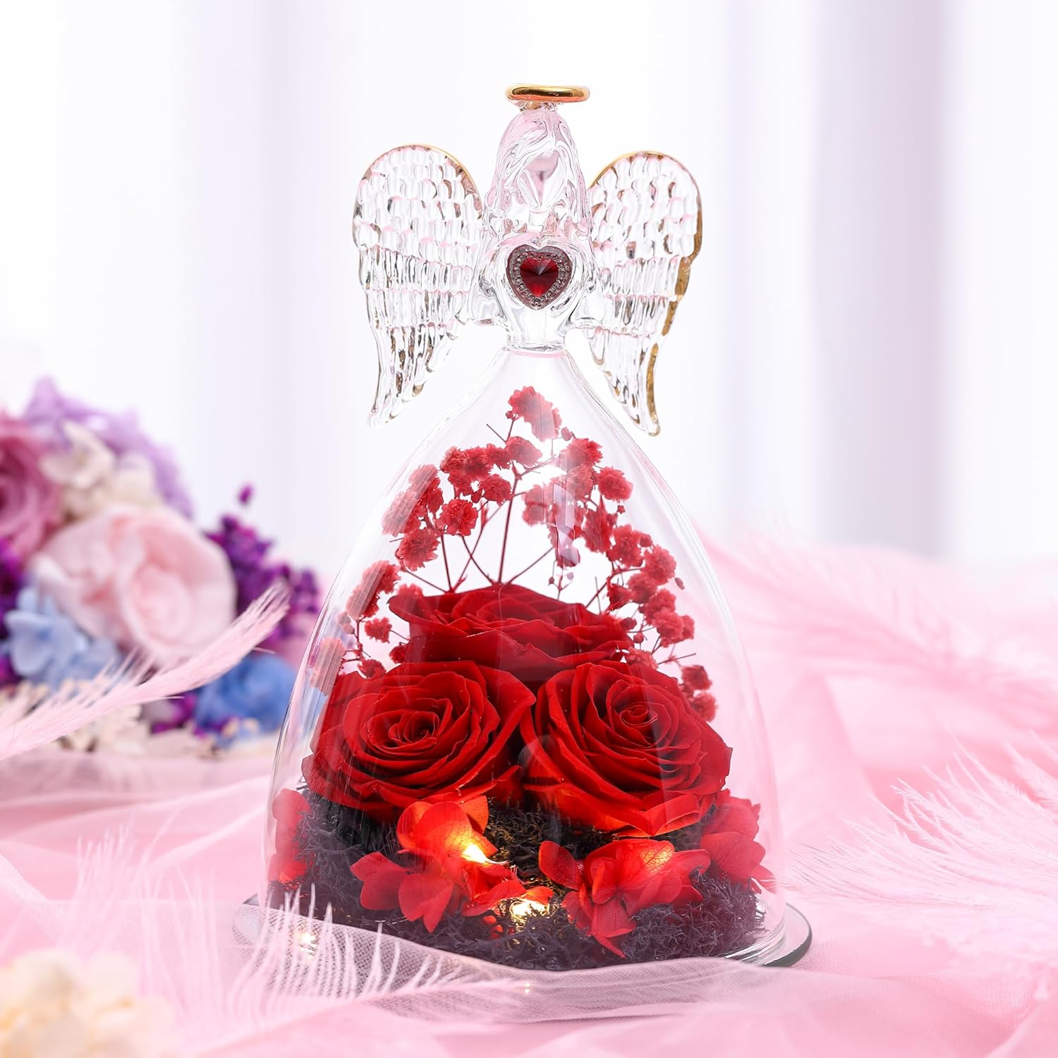 Mothers Day Rose Gifts for Women, Large Angel Figurines with Real Roses, Preserved Real Flower Rose for Her – Red