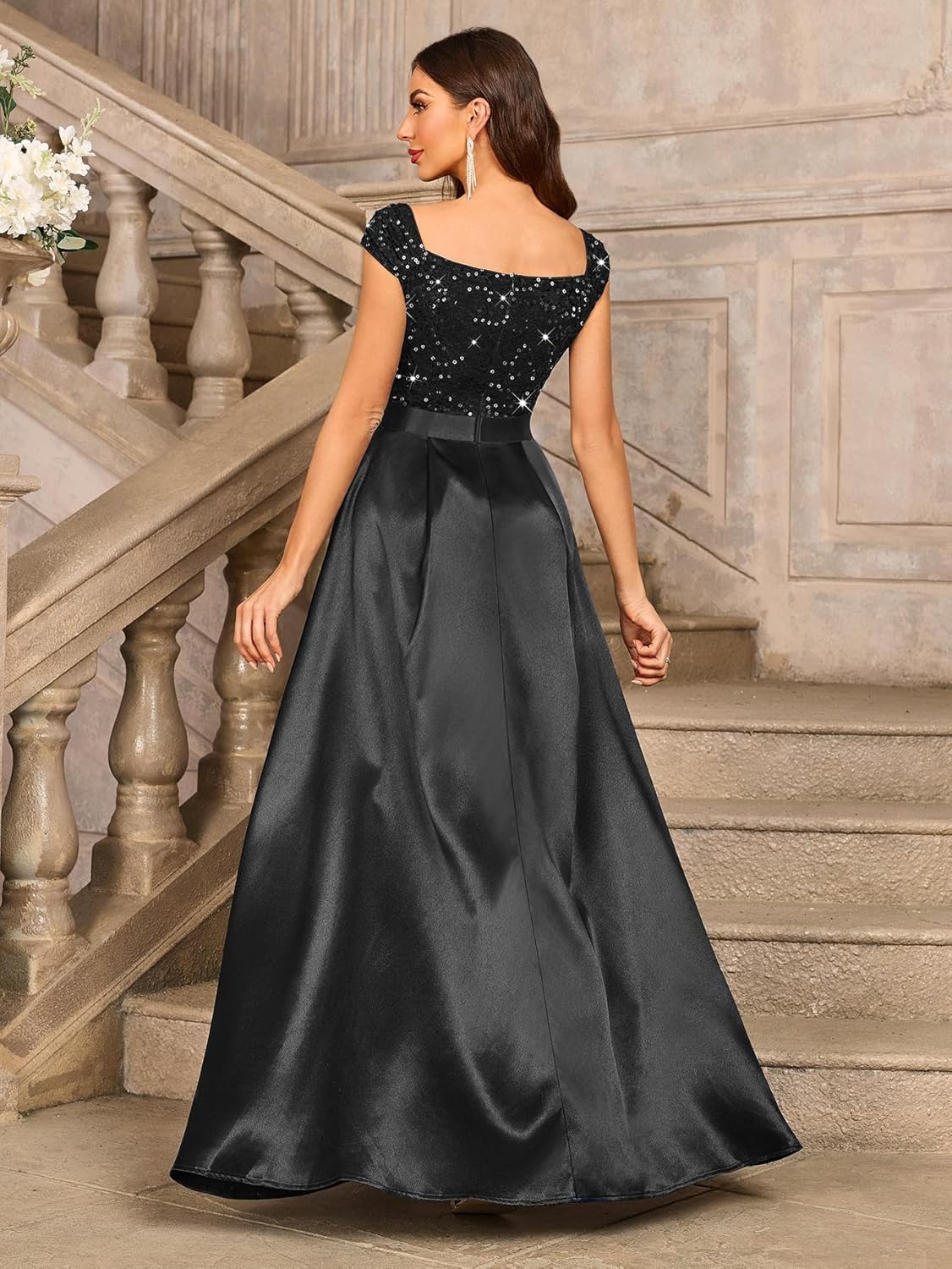 Miusol Womens Elegant V-Neck Sequin Lace Contrast Satin Split Bridesmaid Maxi Dress