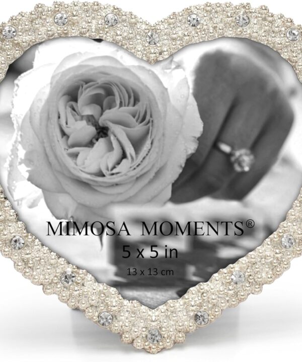 MIMOSA MOMENTS Heart shaped Jewel Bling Silver Picture Frame with Rhinestones, Tabelop Photo Frame for DesktopChristmas, Wedding Anniversary, Birthday or Bride Wedding Day Gifts for Grandma Mom Couple