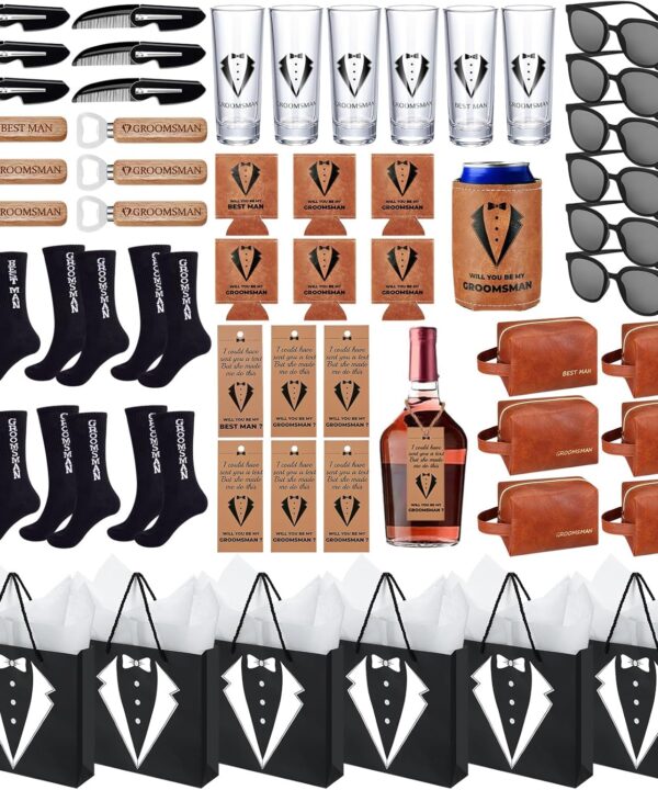 60Pcs Groomsmen Gifts Groomsmen Proposal Box with Shot Glasses Socks Sunglasses PU Leather Toiletry Bag Bottle Opener Can Cooler Groomsman Gifts for Wedding Groomsmen Best Man Gift (60, Brown)