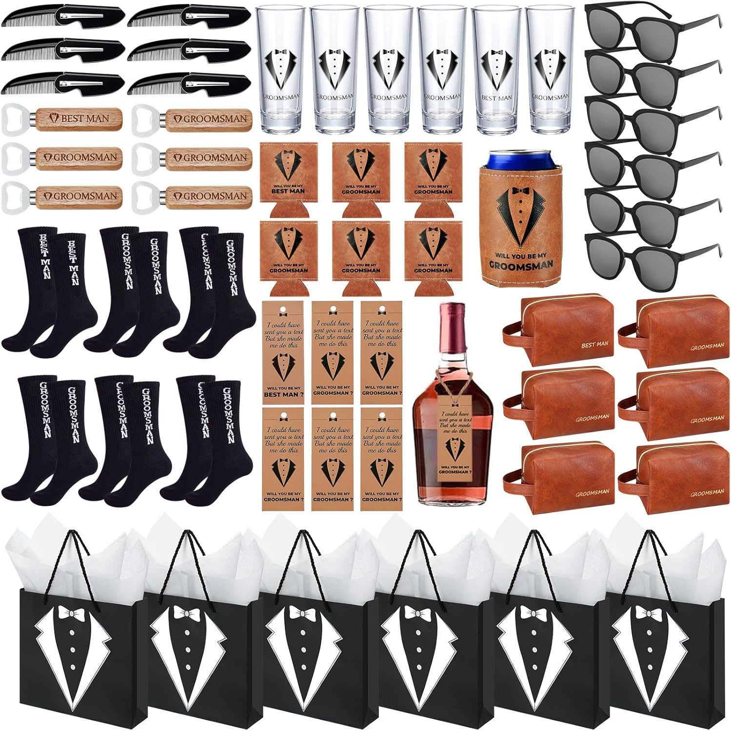60Pcs Groomsmen Gifts Groomsmen Proposal Box with Shot Glasses Socks Sunglasses PU Leather Toiletry Bag Bottle Opener Can Cooler Groomsman Gifts for Wedding Groomsmen Best Man Gift (60, Brown)
