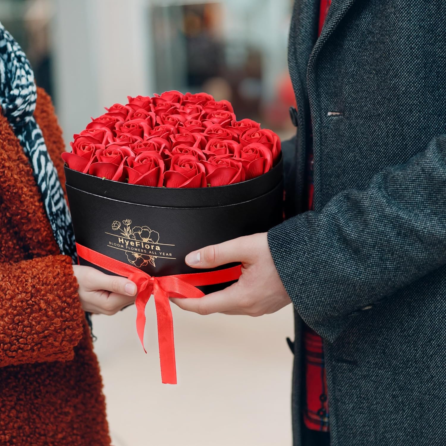 HyeFlora 30pcs Fake Red Roses in a Heart Shape Box, Fake Roses Artificial Flowers Forever Roses Gifts Box for Her Wife Girlfriends for Mom Women Grandma Birthday