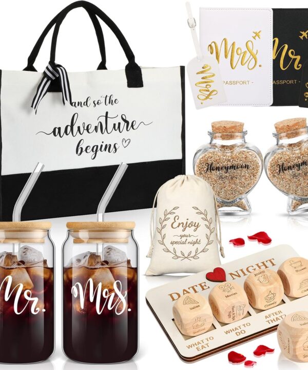 Sunnychicc 16 Pcs Wedding Gifts for Couple Mr Mrs Honeymoon Gifts Bridal Shower Engagement Favors with Glass Date Night Dice Passport Holder Baggage Tags Jar Tote Bag(Mr and Mrs)