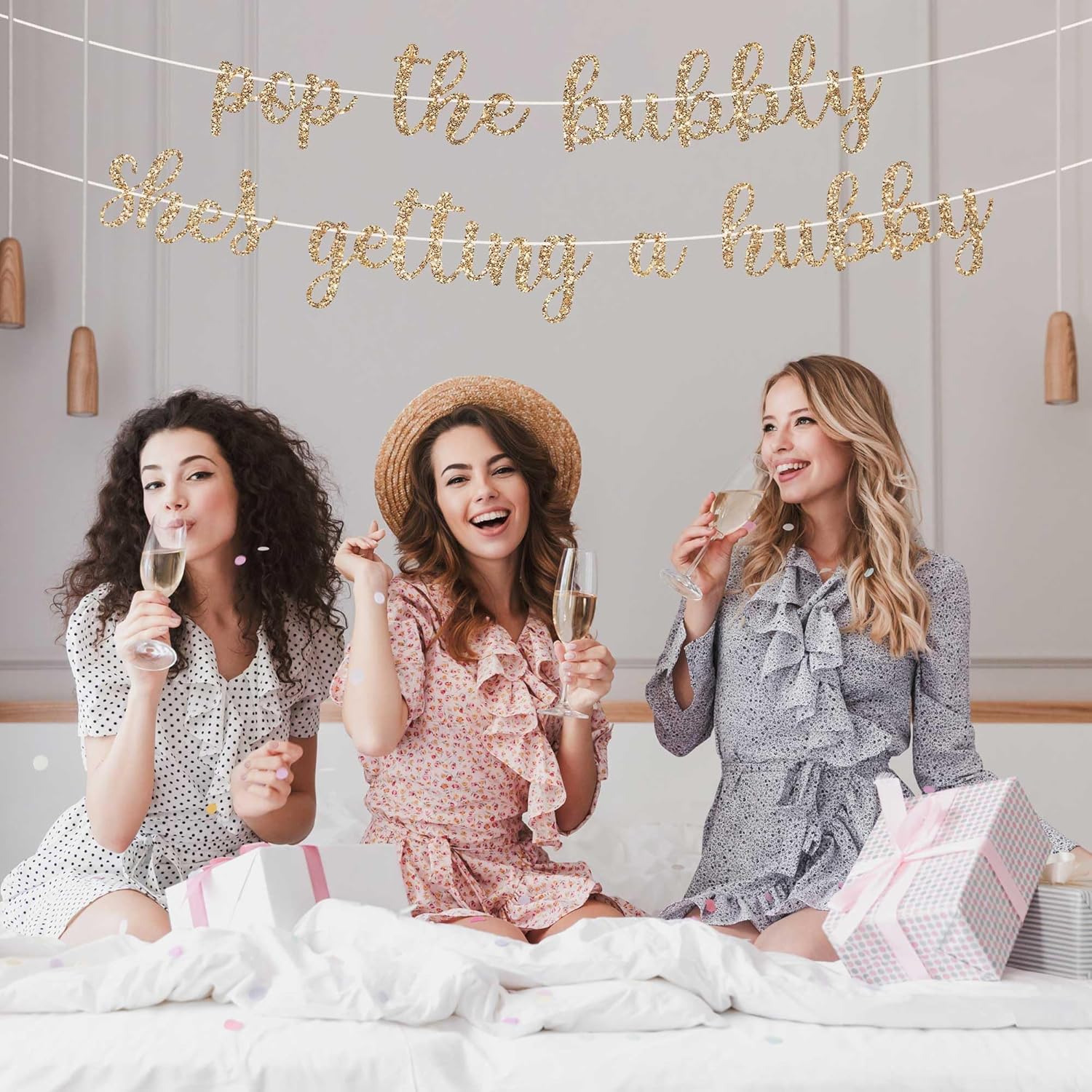 Pre-strung Pop the Bubbly Shes Getting a Hubby Banner – No DIY – Gold Glitter Bachelorette Bridal Party Banner – Pre-strung on 8 ft Strand – Bachelorette Party Decorations. Did We Mention No DIY