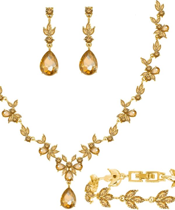 Paxuan Bridal Wedding Elegant Floral Jewelry Set for Women/Brides/Bridesmaids Crystal Jewelry Set for Wedding Prom Party Bridal Crystal Necklace Earrings Bracelet Set