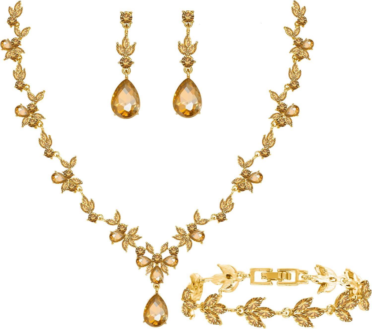 Paxuan Bridal Wedding Elegant Floral Jewelry Set for Women/Brides/Bridesmaids Crystal Jewelry Set for Wedding Prom Party Bridal Crystal Necklace Earrings Bracelet Set