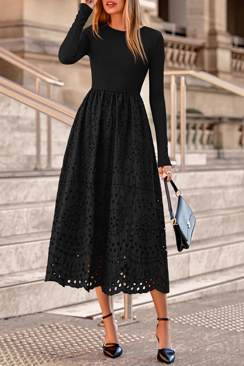 dowerme Women Spring Dresses 2026 Casual Long Sleeve Crewneck A-Line Boho Eyelet Cotton Maxi Wedding Guest Dress Pockets