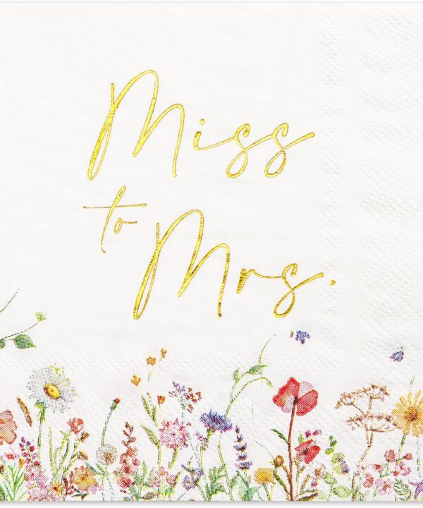 Crisky 3-Ply Floral Bridal Shower Napkins - Gold Foil Miss to Mrs Paper Disposable Napkins for Engagement/Bridal Shower/Wedding/Bachelorette Party Decoration, 50 Counts