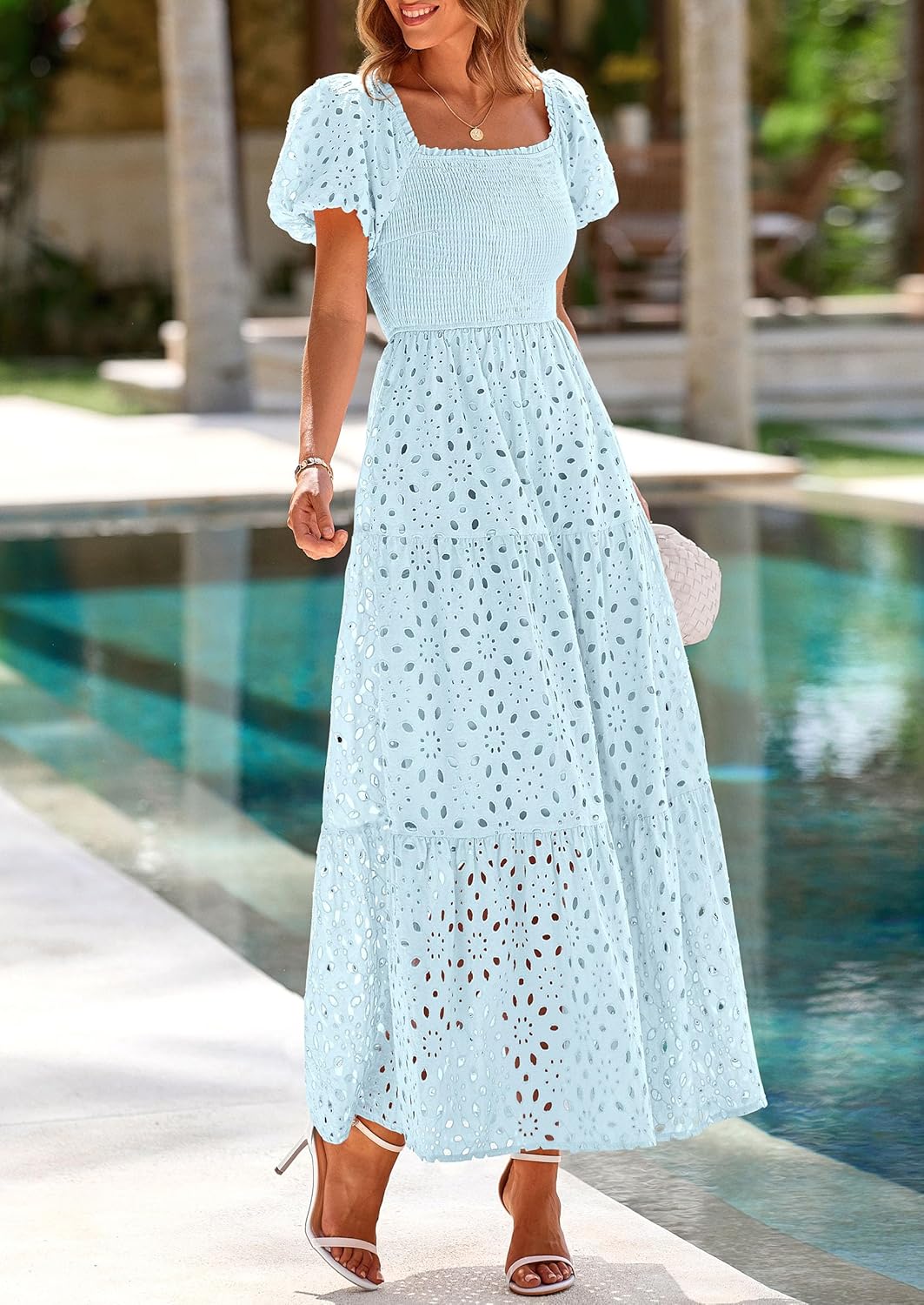 PRETTYGARDEN Summer Dresses for Women 2026 Eyelet Square Neck Puff Sleeve Smocked Wedding Guest Maxi Dress with Pockets