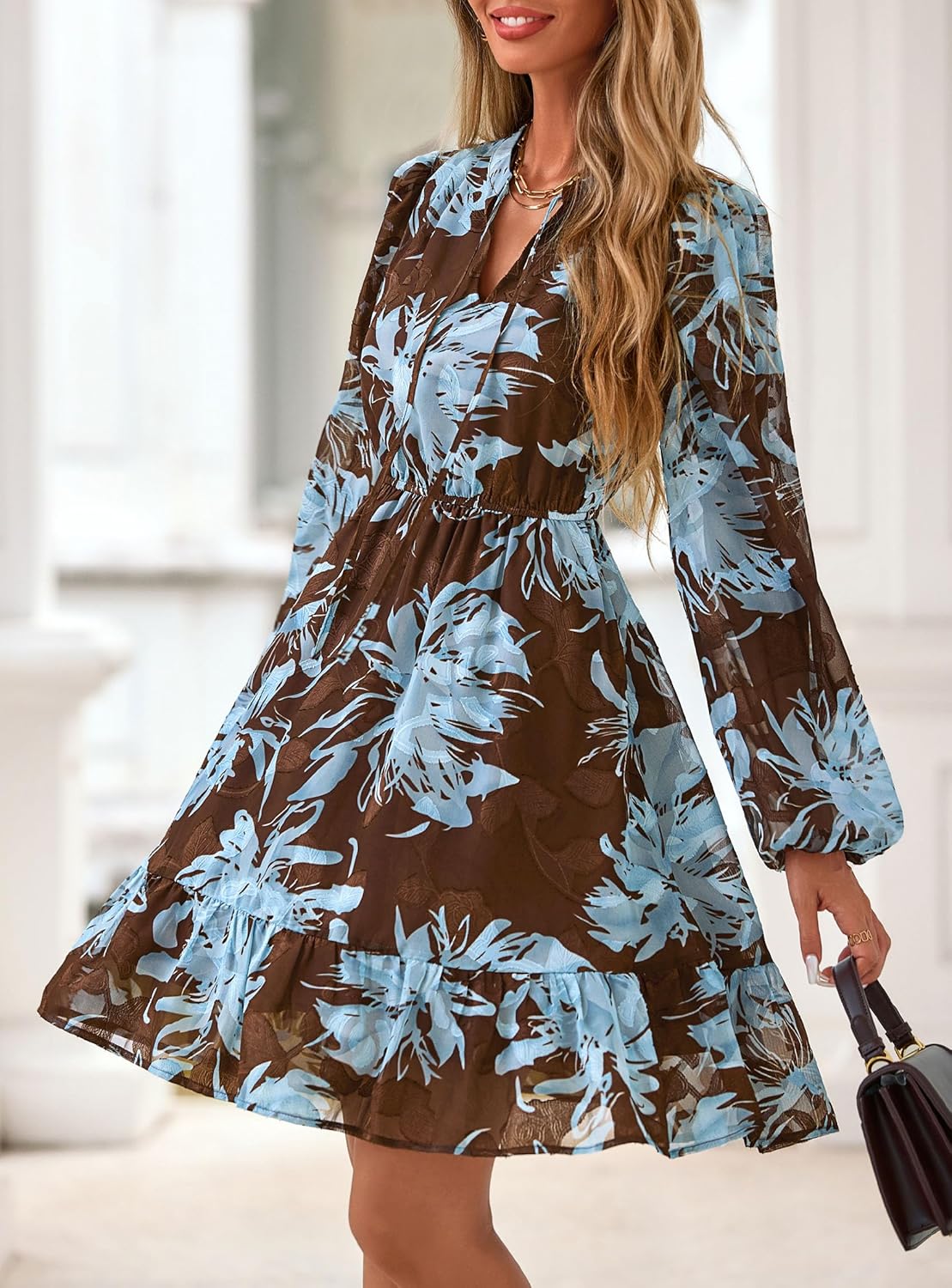 PRETTYGARDEN Womens Fall Boho Dresses 2026 Floral Long Sleeve V Neck Mini Flowy Wedding Guest Dress Trendy Vacation Outfits