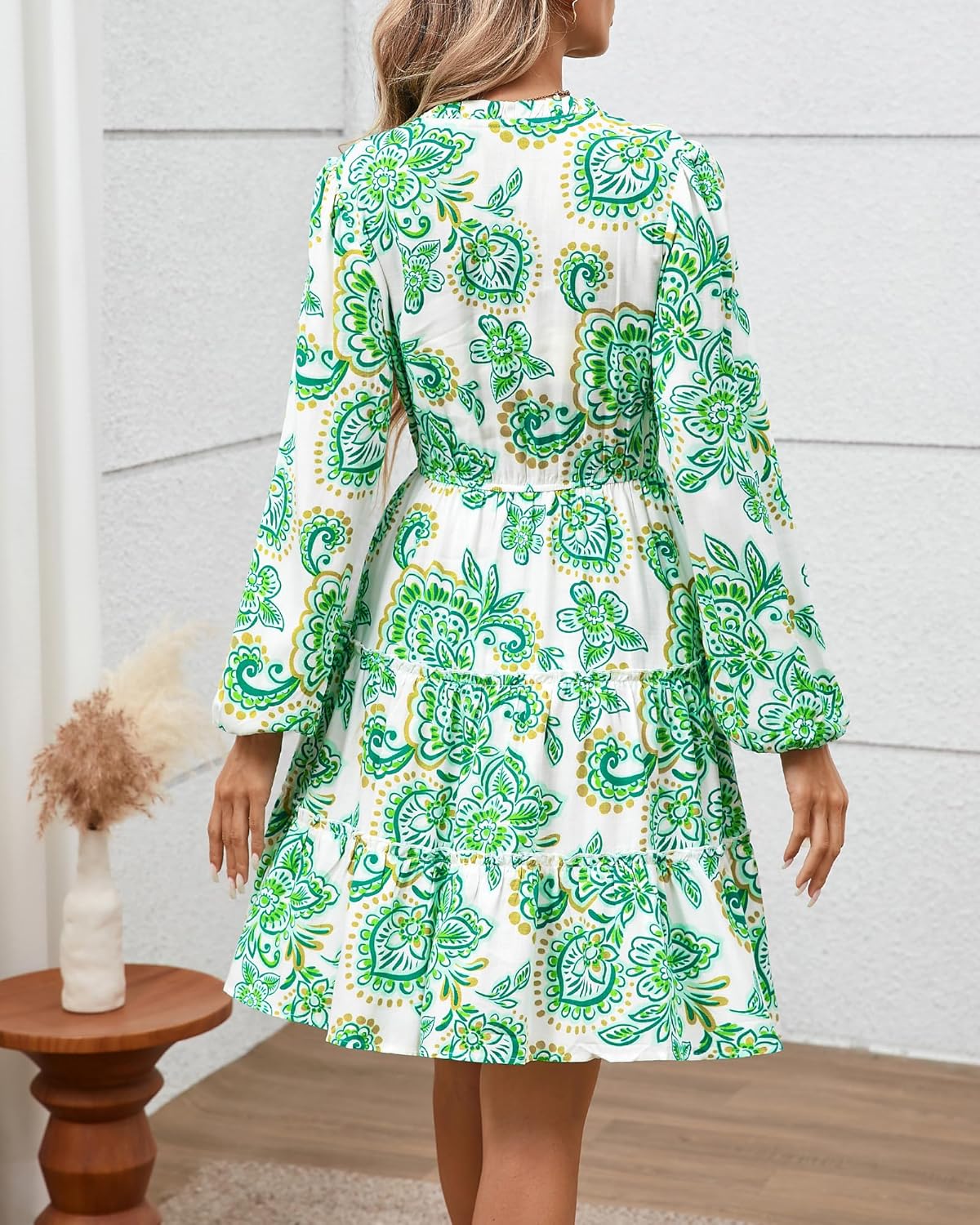 BTFBM Women Fall Dresses 2025 Floral V Neck Long Sleeve Tiered Ruffle Boho Swing Flowy A-Line Mini Dresses Vacation