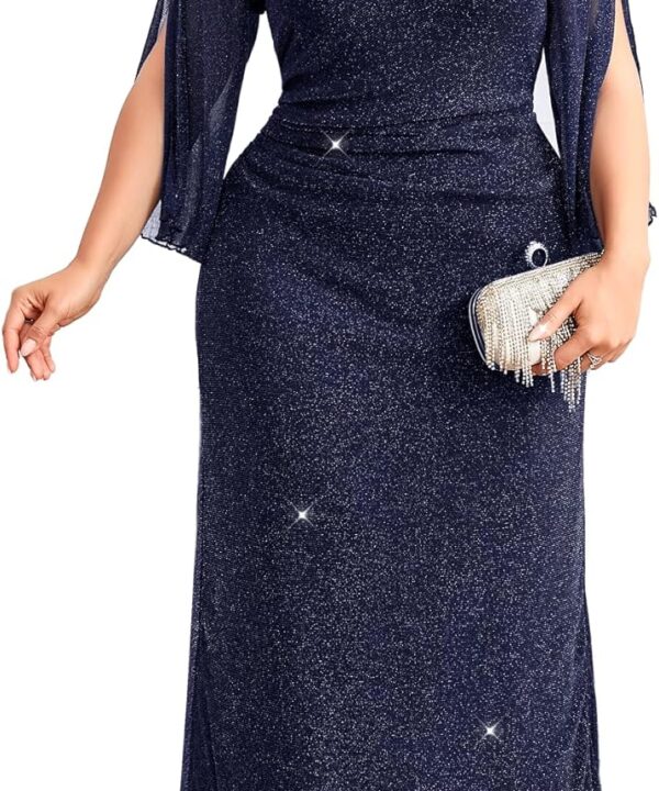 CYCLAMEN Plus Size Sparkly Evening Dress 3/4 Petal Sleeve V-Back Ruched Maxi Gown for Wedding Guest Mother of The Bride
