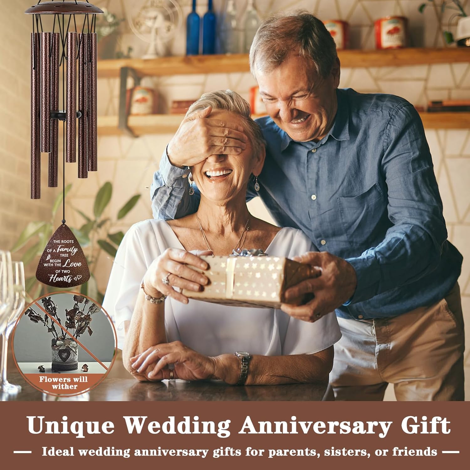 Wedding Anniversary Couples Gift, 32 Bronze Wind Chimes, Wedding Romantic Gift for Couple Parents Friends Women Men, Happy Anniversary Decorations