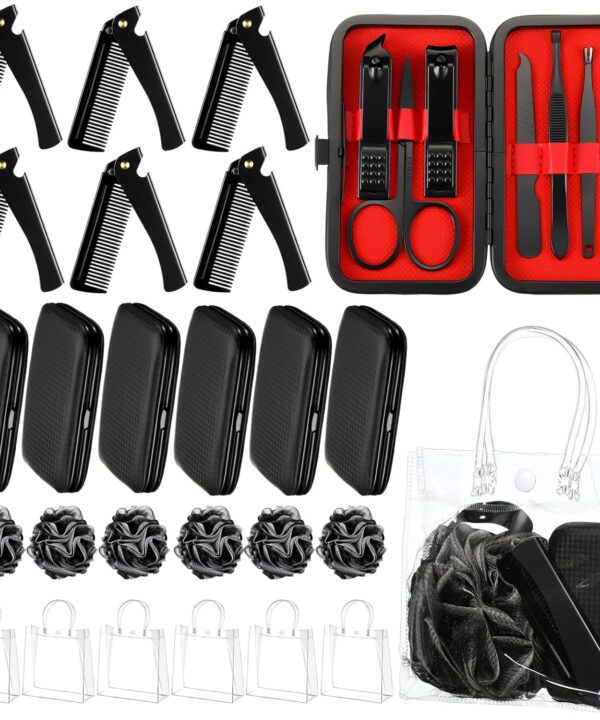 6 Sets Baby Shower Game Gifts for Winners Men Proposal Groomsmen Gifts Include Manicure Set Tote Bag Beard Comb Black Bath Loofah Baby Shower Favors Prizes for Guests Husband Father