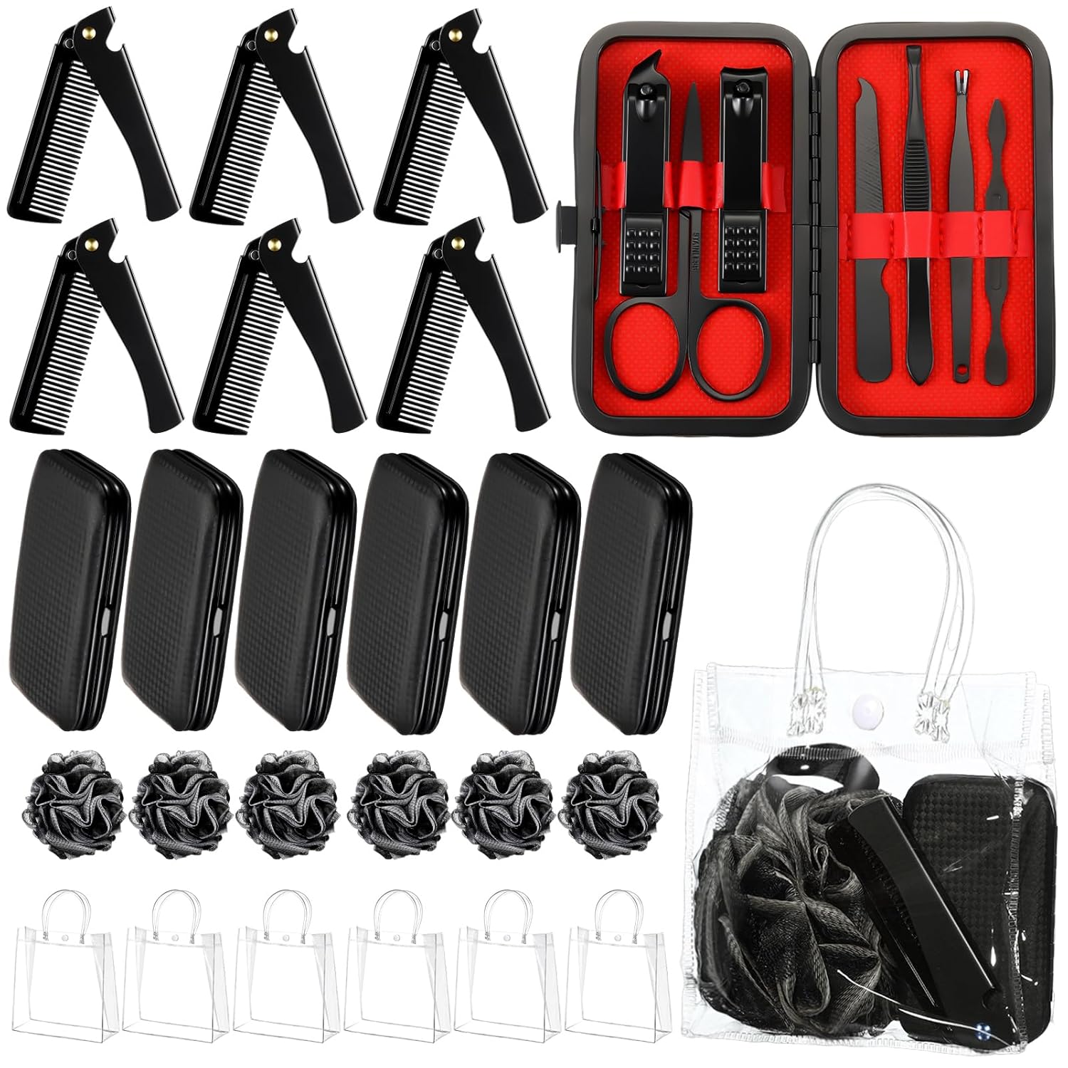 6 Sets Baby Shower Game Gifts for Winners Men Proposal Groomsmen Gifts Include Manicure Set Tote Bag Beard Comb Black Bath Loofah Baby Shower Favors Prizes for Guests Husband Father