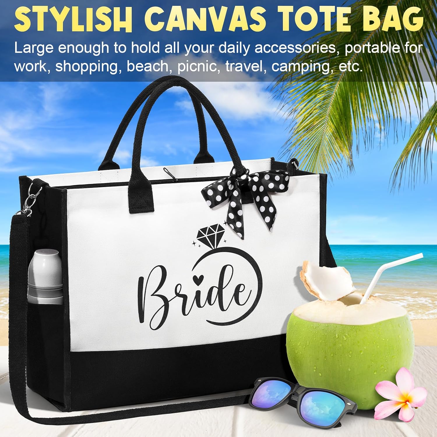 MAYICIVO Bridal Shower Gifts for Bride, Bride to Be Gifts Wedding Engagement Bachelorette Party Gift for Brides Congratulation Honeymoon Gift Set – Canvas Beach Tote Bag & Makeup Bag