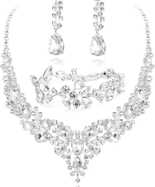 LOYALLOOK Crystal Bridal Jewelry Set for Women Rhinestone Necklace Earrings Bracelet Wedding Bridesmaid Gifts fit with Wedding Dress