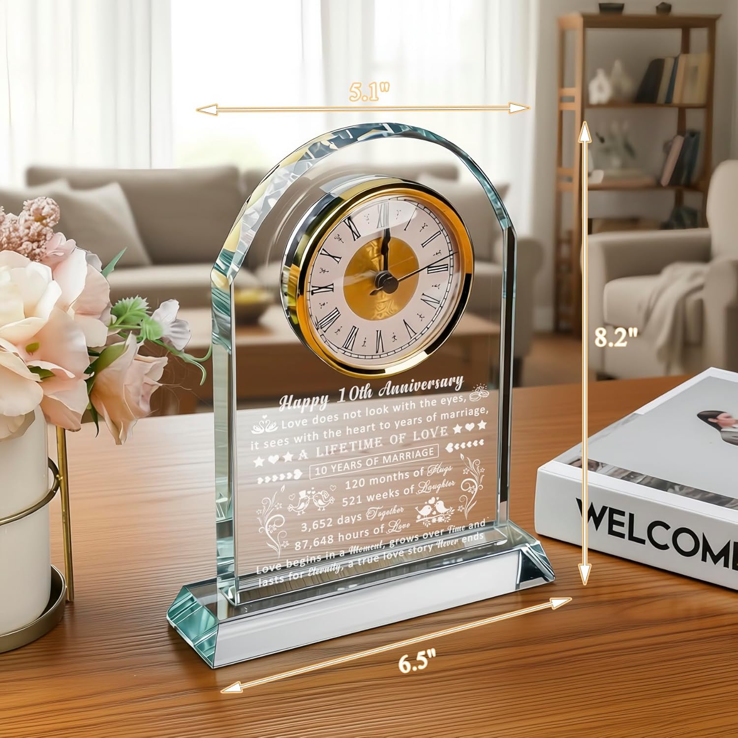 10 Year Anniversary Clock Gifts for Him Her, 10th Anniversary Romantic Gifts for Couple, Ten Year Anniversary Wedding Gifts for Wife Husband Women Men, 10 Years of Marriage Gifts