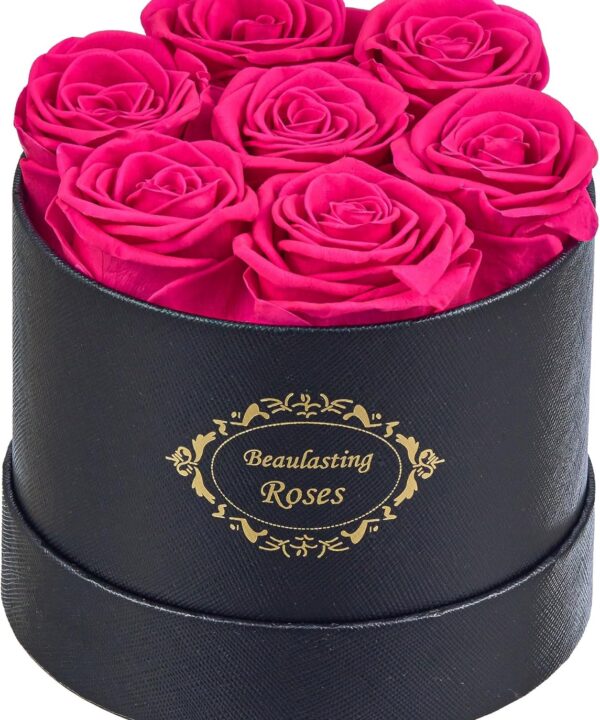 Beaulasting Long Lasting Preserved Roses in a Box Last a Year Forever Flowers for Her Mom Wife Anniversary Birthday (Round Black Box, Hot Pink)