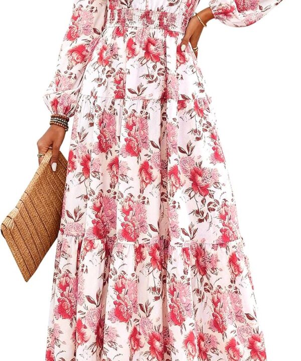PRETTYGARDEN Long Sleeve Maxi Fall Dresses for Women 2026 Vneck Smocked Boho Floral Tiered Swing Flowy Wedding Guest Dress
