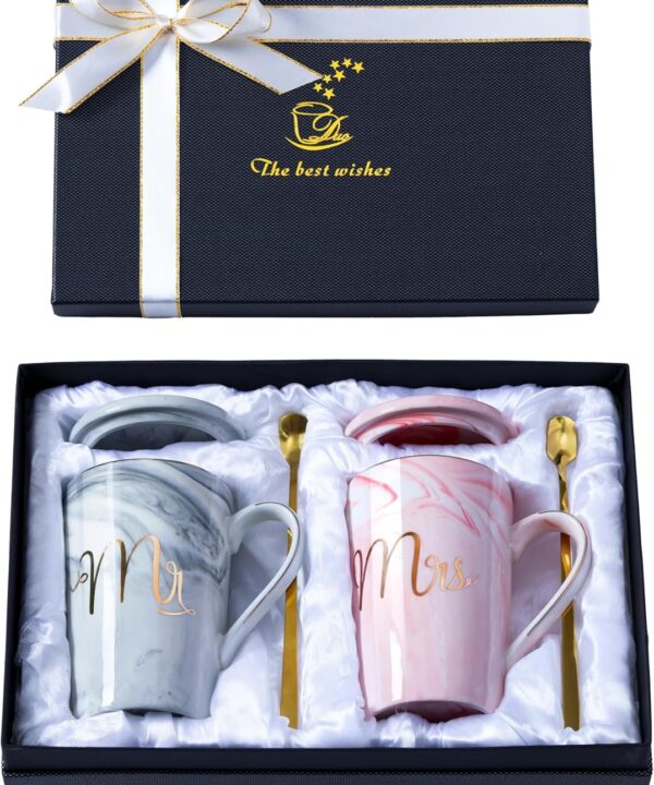 Luspan Wedding Gifts for Bride and Groom,Bridal Shower Engagement Gifts for Couples,Mr and Mrs Marble Coffee Mugs 14 Oz