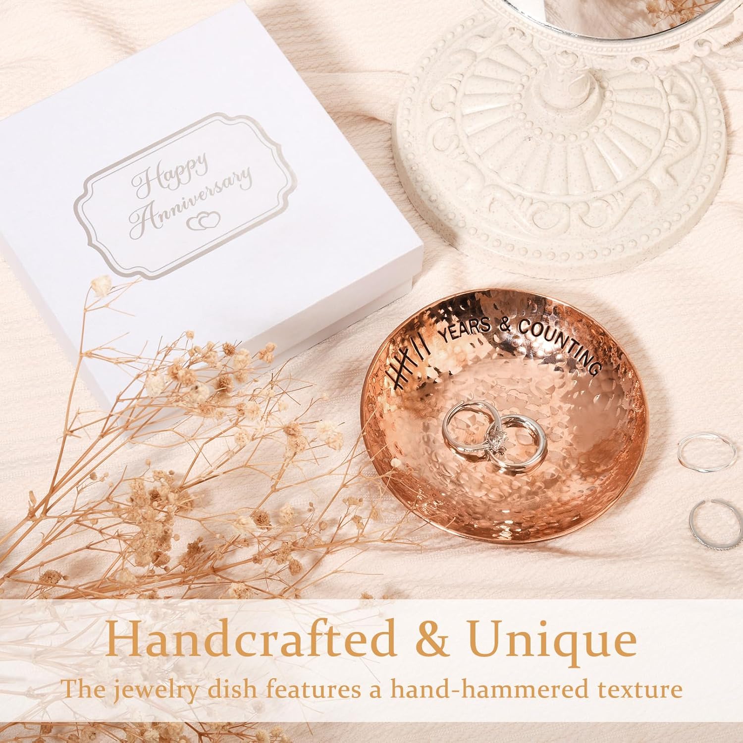 CEELGON 7th Wedding Anniversary Copper Gifts 4 Engraved Jewelry Tray Copper Decorative Dish for Couples Wedding Gift for Him or Her