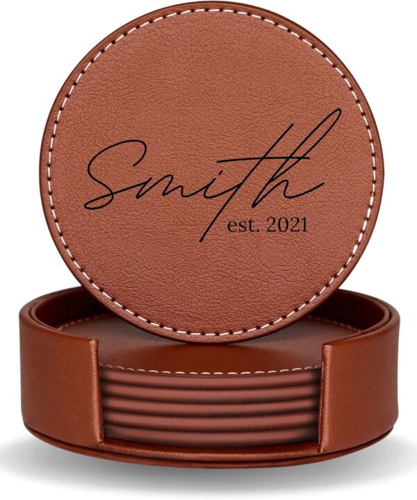 Set of 6 Engraved Leather Coasters with Holder Handmade in The USA - Custom Wedding Gifts, Housewarming Gift