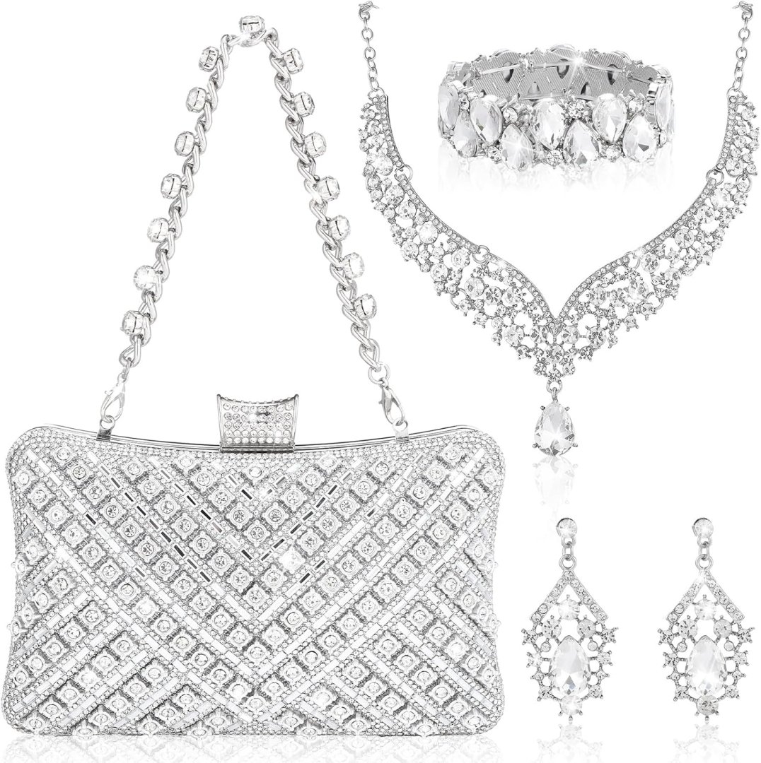 Quelay 4 Pcs Purse Rhinestone Jewelry Set for Wedding Bridal Women Handbag with Necklace Bracelet Dangle Earrings