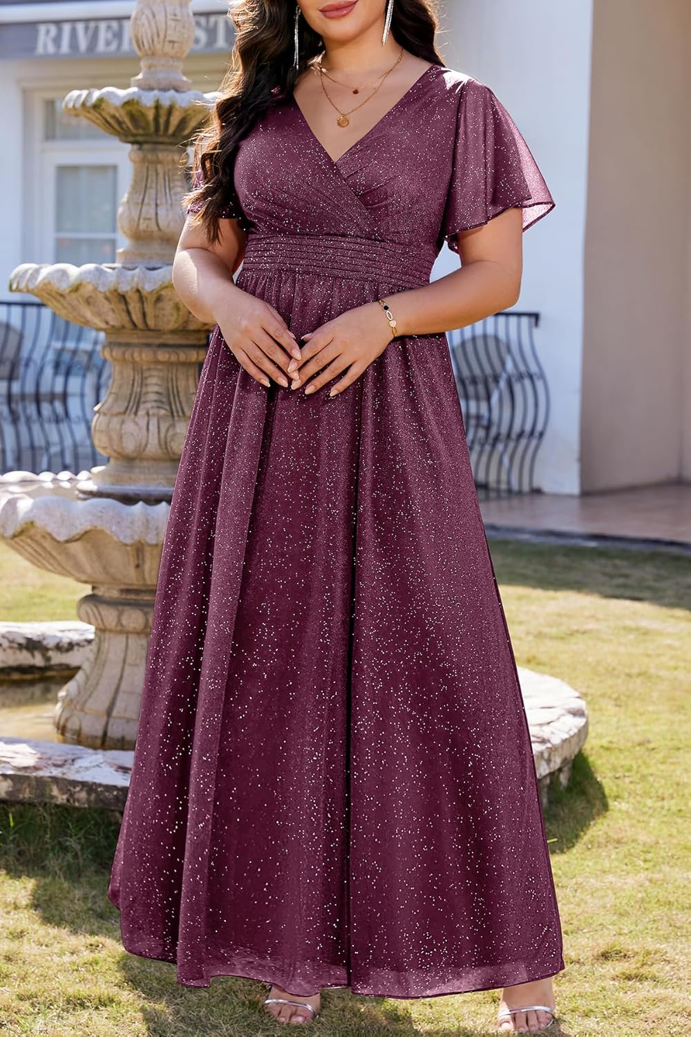 Plus Size Formal Dresses – V Neck Flutter Sleeve Glitter Prom Evening Gowns Wedding Guest Chiffon Long Maxi Dress