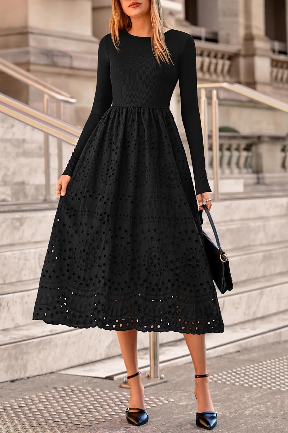 dowerme Women Spring Dresses 2026 Casual Long Sleeve Crewneck A-Line Boho Eyelet Cotton Maxi Wedding Guest Dress Pockets