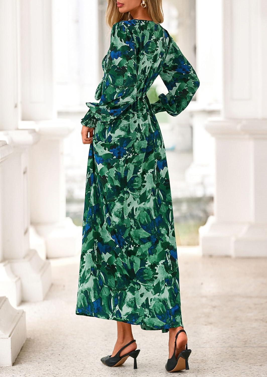 PRETTYGARDEN Womens 2026 Spring Wedding Guest Dresses Floral Long Sleeve V Neck Belted Long Flowy Boho Maxi Dress