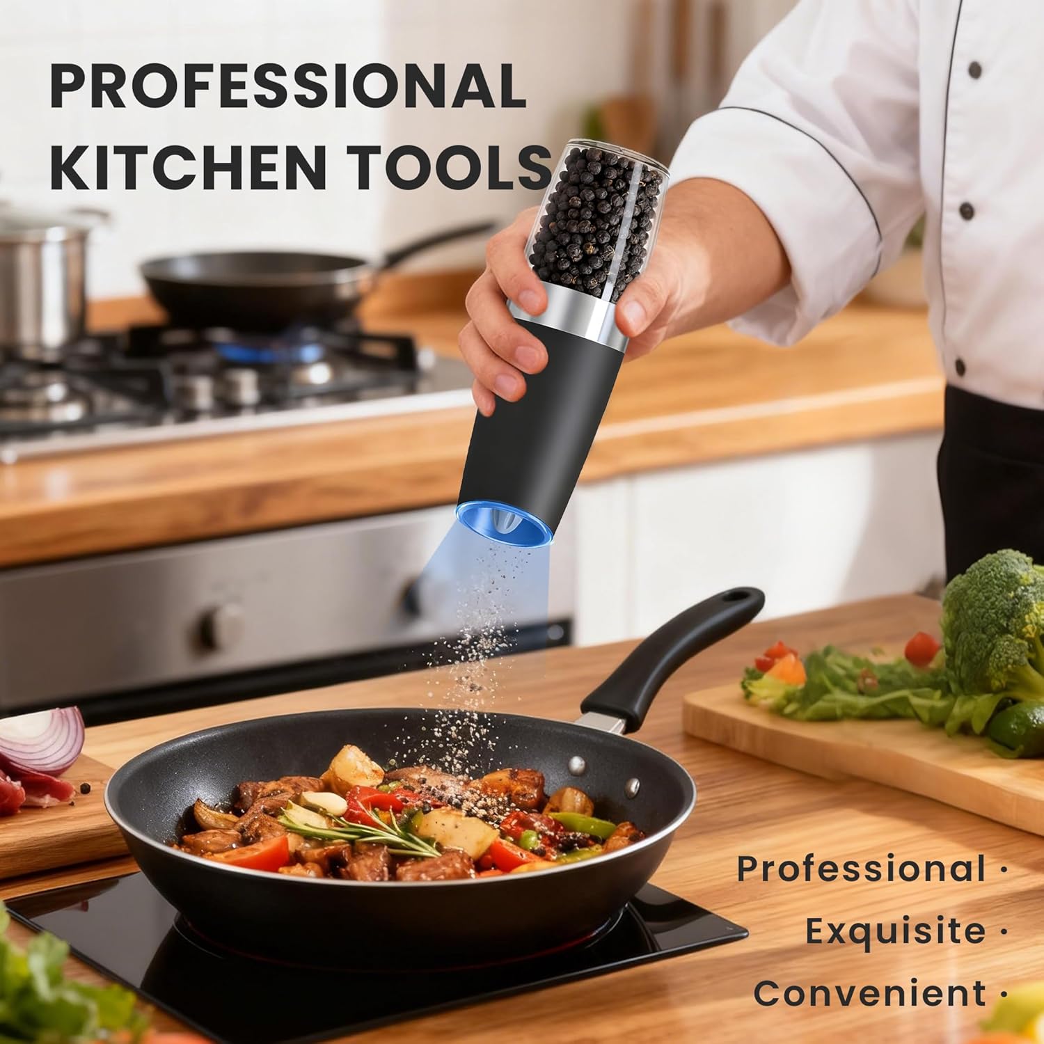 Gravity Electric Salt and Pepper Grinder set of 2, Automatic Salt And Pepper Grinder Set, Adjustable Roughness, Battery Powered, LED Light, 2 Pack, (Black)