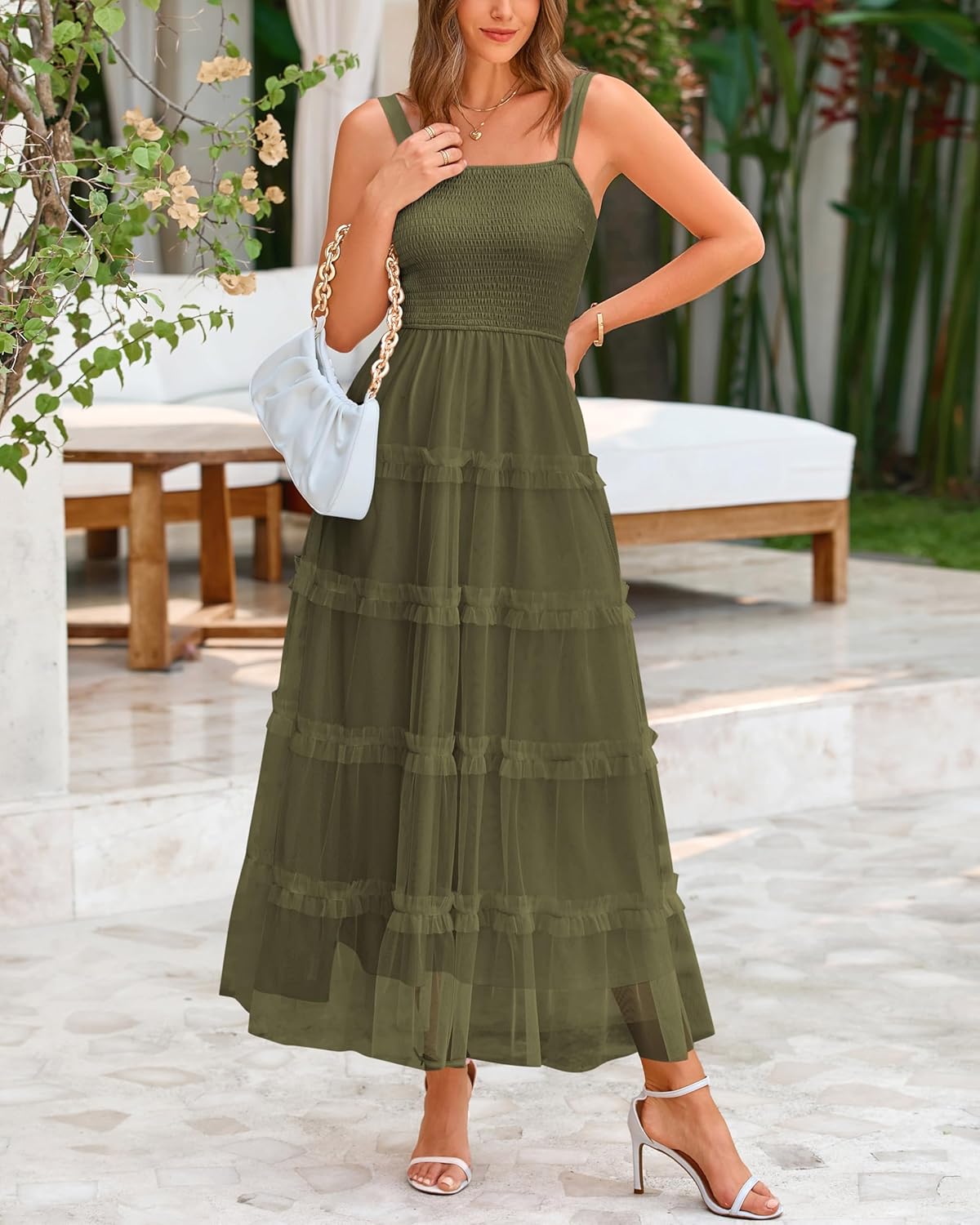 PRETTYGARDEN Womens Summer Dresses 2025 Sleeveless Smocked Tiered Ruffle Tulle A-Line Flowy Wedding Party Maxi Dress