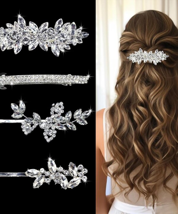 Mulzile 4 Pieces Rhinestone Hair Clips Leaf Wedding Hair Pins Crystal Bobby Pins Silver Bridal Hairpin Barrette for Brides Bridesmaids Flower Girls