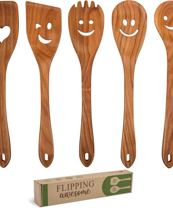 MFC 5-Piece Wooden Cooking Spoons - Kitchen Set from Natural Cherry Wood - Wooden Spoons for Cooking - Funny Utensil Set with Smiley Faces - Cooking Multipurpose Wood Utensils