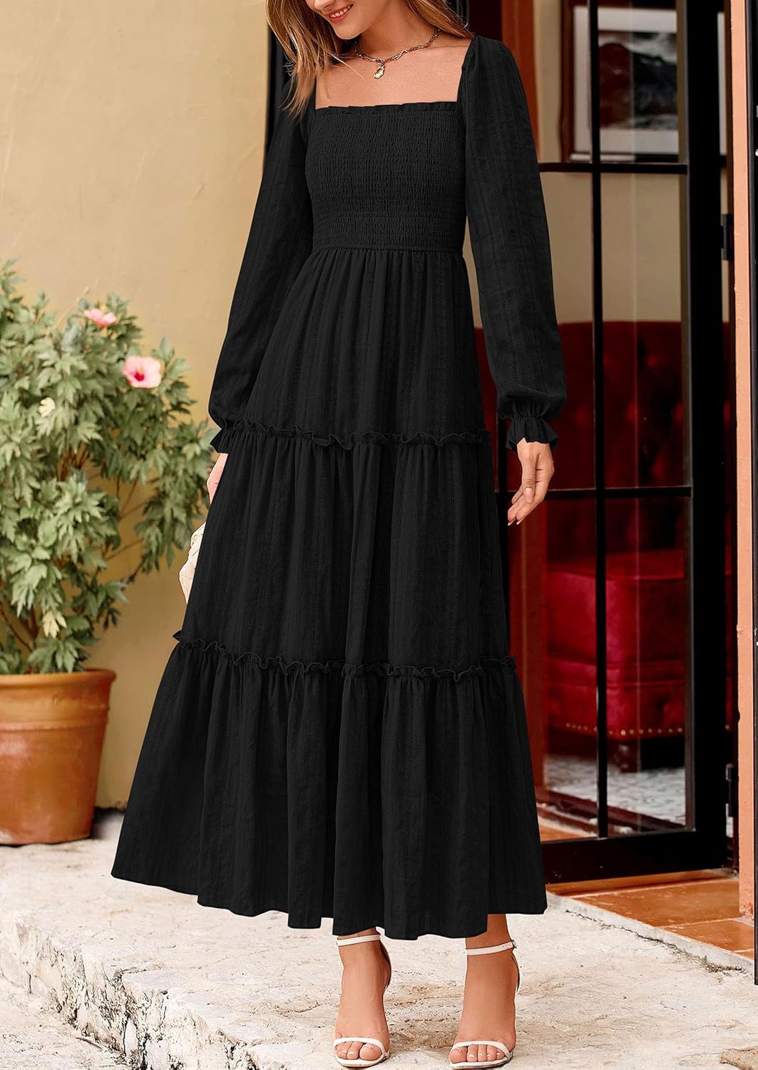 PRETTYGARDEN Spring Dresses for Women 2026 Casual Long Sleeve Smocked Ruffle Flowy Elegant Wedding Guest Maxi Dress Pockets