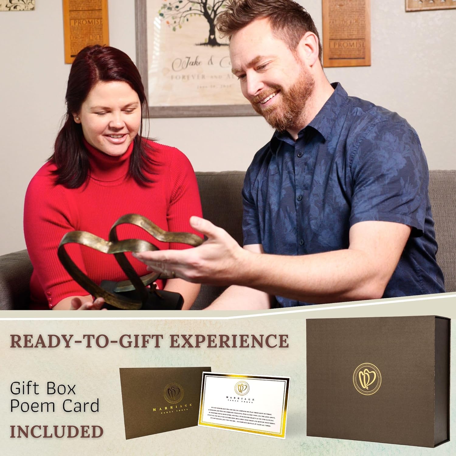 DCAPILLA Wedding Anniversary Couples Gift – Two Hearts and Cross Iron Sculpture, Heart Decoration Gift for Her and Him, 1st to 50th or 60th Anniversary, Includes Present Box and Poem Card