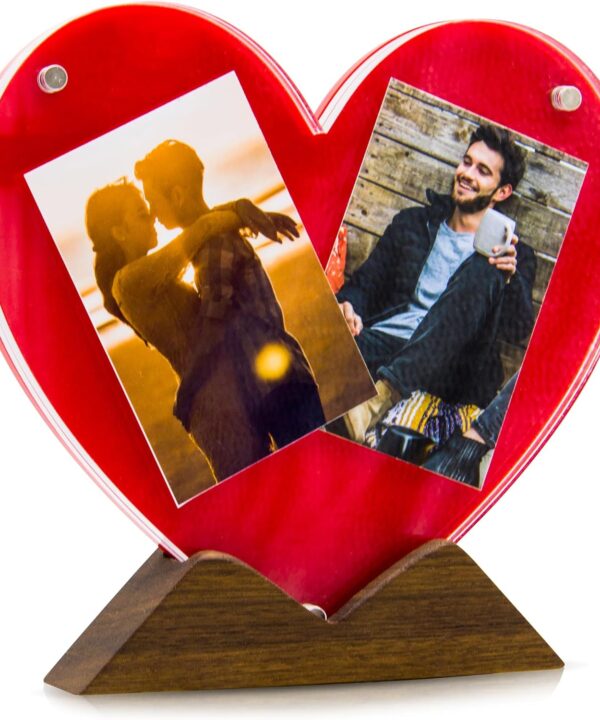 Heart Shaped Magnetic Photo Frame with Wooden Stand, Gift Box | Acrylic Picture Frame Set | Customize each Layer with Letters, Love Stickers, White Marker | Romantic Couple Frame for Instax Mini 2x3
