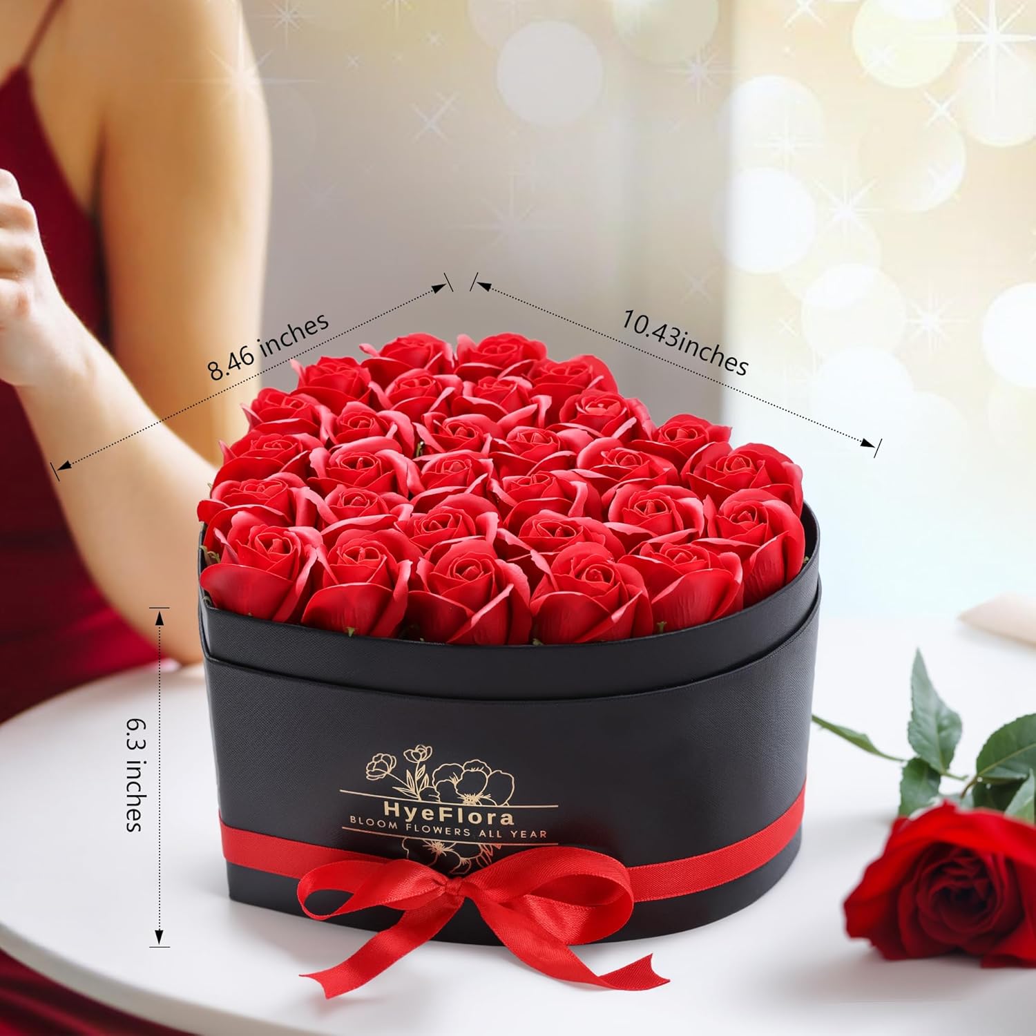 HyeFlora 30pcs Fake Red Roses in a Heart Shape Box, Fake Roses Artificial Flowers Forever Roses Gifts Box for Her Wife Girlfriends for Mom Women Grandma Birthday