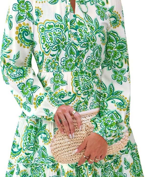 BTFBM Women Fall Dresses 2025 Floral V Neck Long Sleeve Tiered Ruffle Boho Swing Flowy A-Line Mini Dresses Vacation