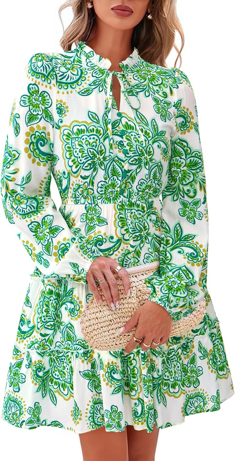 BTFBM Women Fall Dresses 2025 Floral V Neck Long Sleeve Tiered Ruffle Boho Swing Flowy A-Line Mini Dresses Vacation