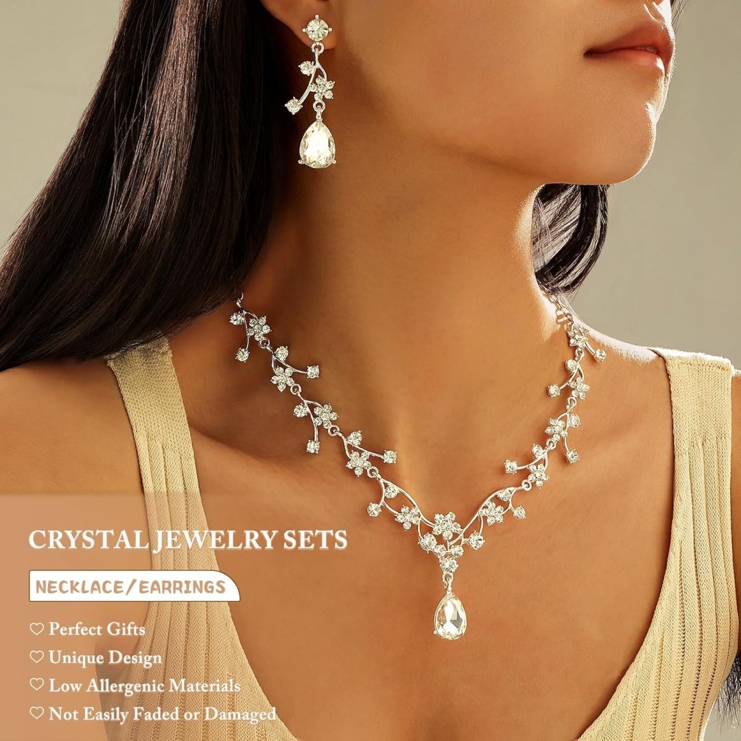 Floral Jewelry Set for WomenWedding Jewelry Sets For Brides With Crystal Necklace & Earrings for Brides and Bridesmaids