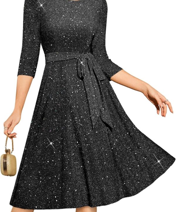 DRESSTELLS Sequin Cocktail Dresses for Women, Formal Wedding Guest 3/4 Sleeves Sparkly Evening Party Dress